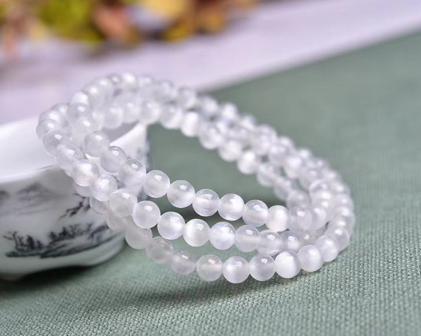 6mm Cat's Eye selenite Ball 3 Loop Bracelets