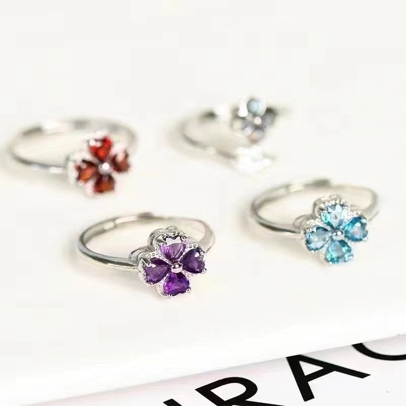 Four Leaf Grass Silver Plated Amethyst Rings