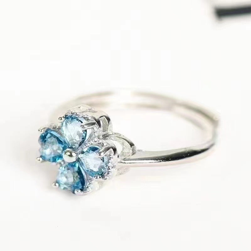 Four Leaf Grass Silver Plated blue topaz Rings