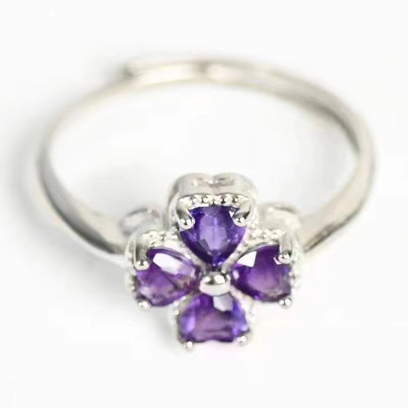 Four Leaf Grass Silver Plated Amethyst Rings