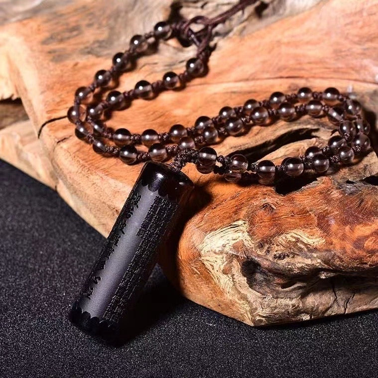 Ice Crystal Obsidian Prajnaparami Heart Sutra Pillar Pendant Necklaces