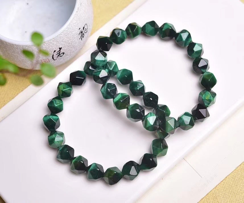 10mm Green Tiger Eye Diamond Faced Bracelets