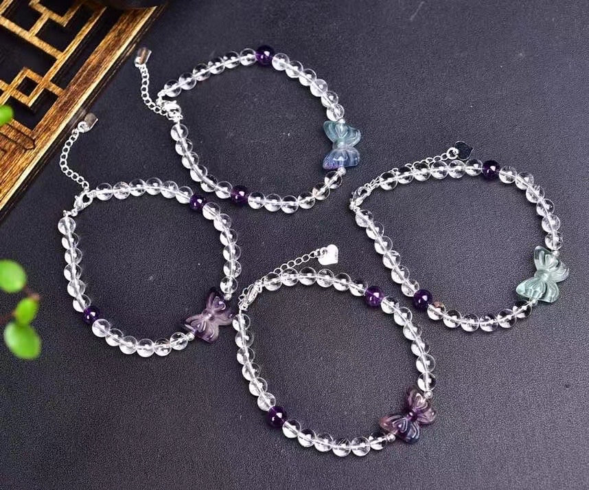 Clear quartz and fluorite butterfly bracelets