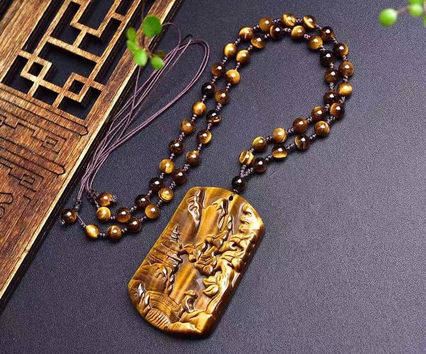 Yellow Tiger Eye Stone Carved Landscape Painting necklaces