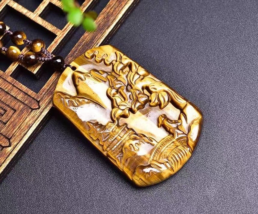 Yellow Tiger Eye Stone Carved Landscape Painting necklaces