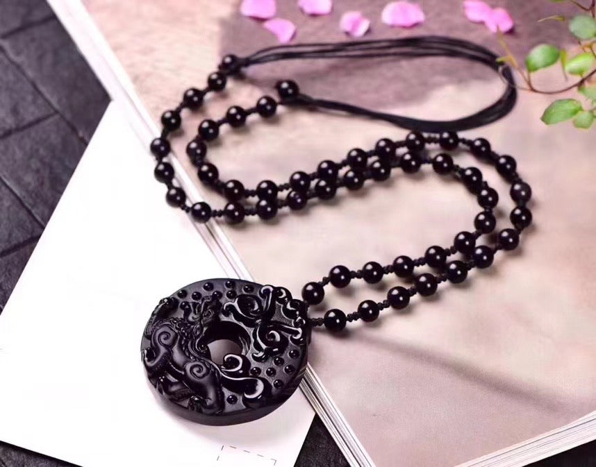 Matte obsidian pixiu pendants necklaces