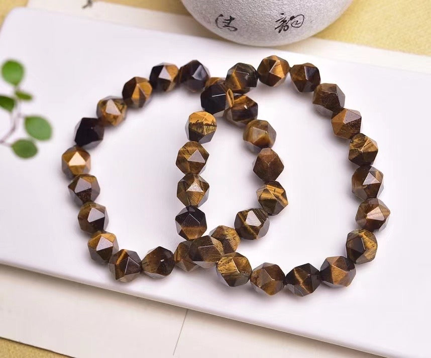 10mm yellow Tiger Eye Diamond Faced Bracelets