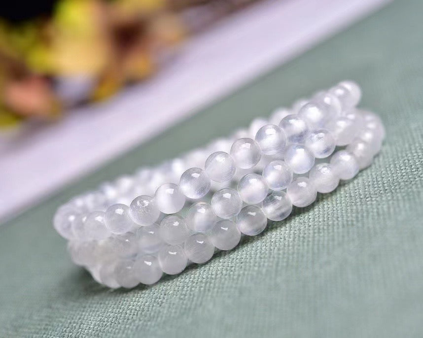 6mm Cat's Eye selenite Ball 3 Loop Bracelets