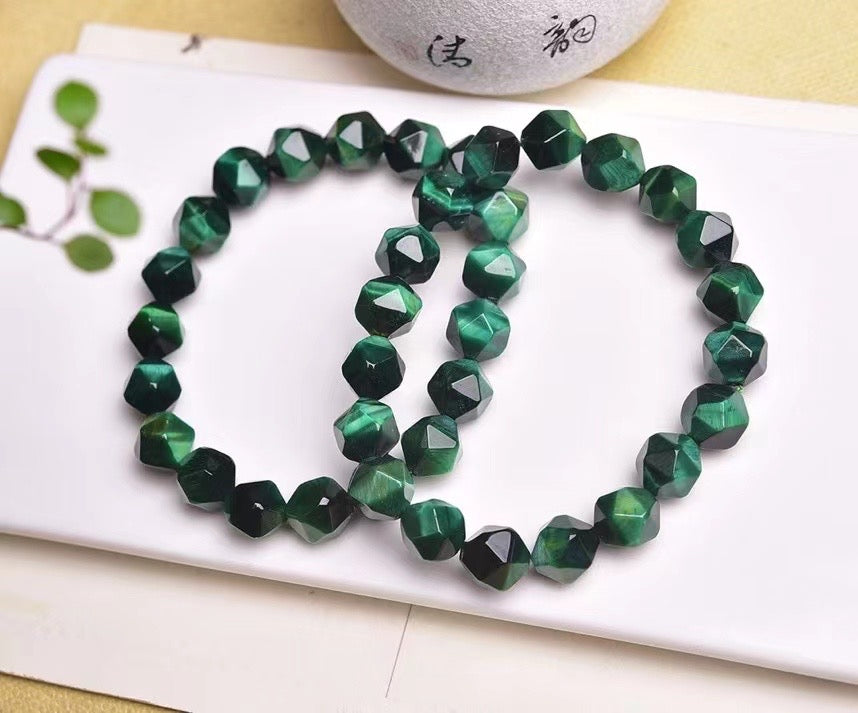 10mm Green Tiger Eye Diamond Faced Bracelets