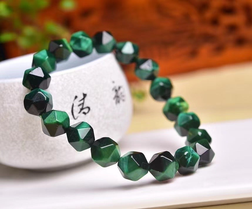 10mm Green Tiger Eye Diamond Faced Bracelets