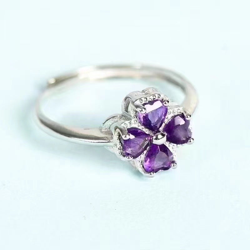 Four Leaf Grass Silver Plated Amethyst Rings