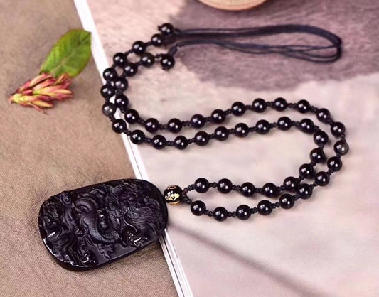 Frosted obsidian dragon pendants necklaces