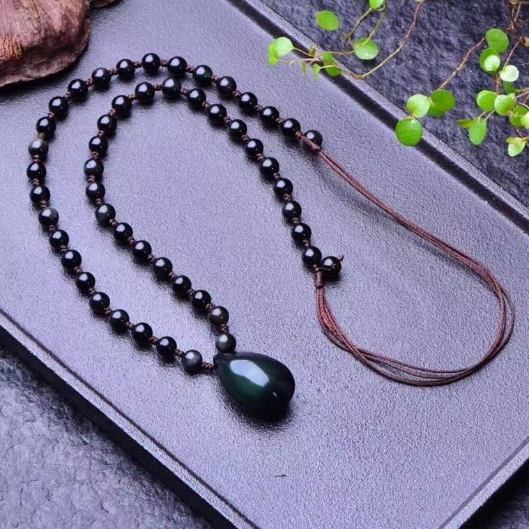 Obsidian dripping pendants and beads chains necklaces