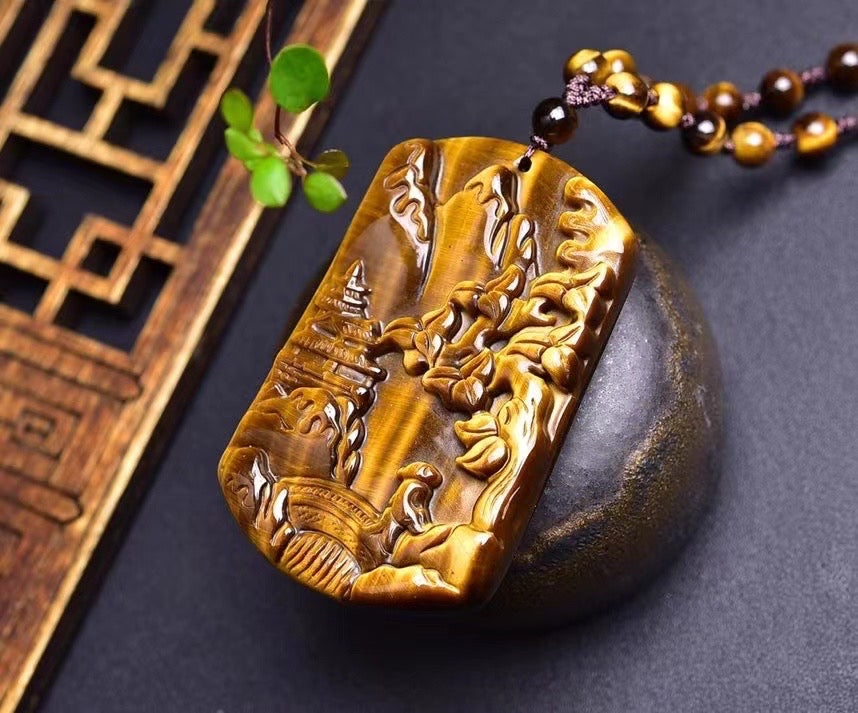 Yellow Tiger Eye Stone Carved Landscape Painting necklaces