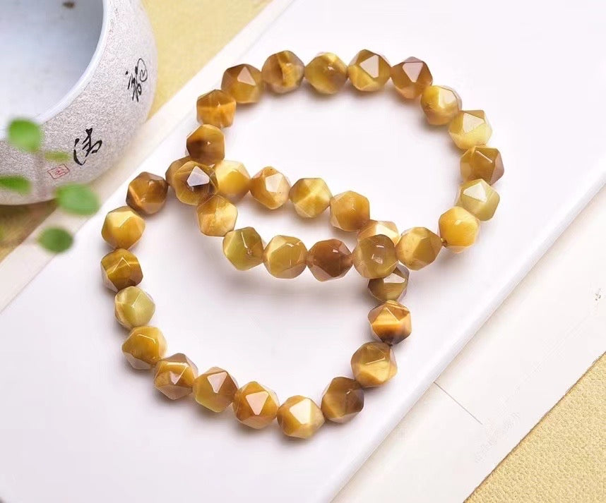 10mm Golden Tiger Eye Diamond Faced Bracelets