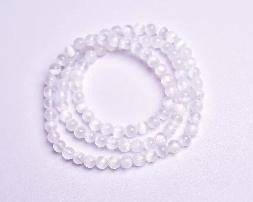 6mm Cat's Eye selenite Ball 3 Loop Bracelets