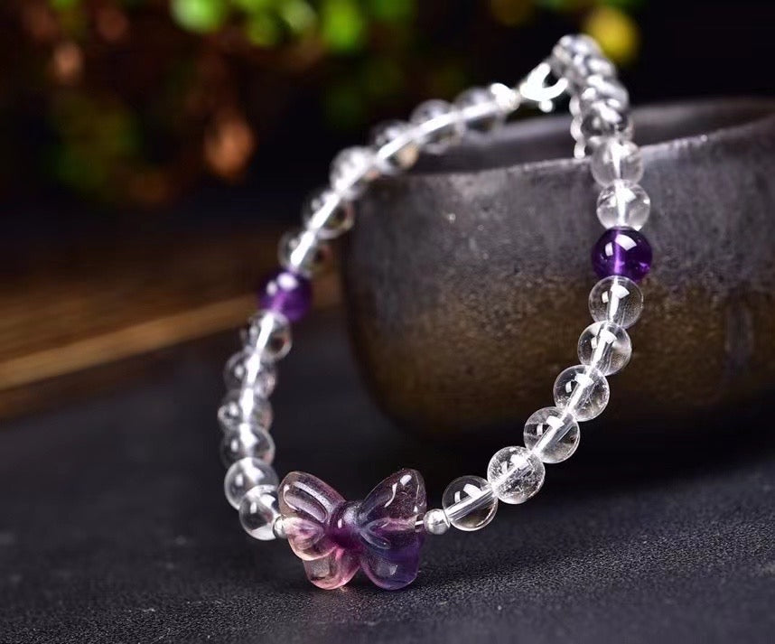 Clear quartz and fluorite butterfly bracelets