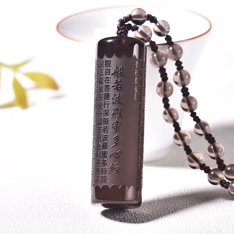 Ice Crystal Obsidian Prajnaparami Heart Sutra Pillar Pendant Necklaces