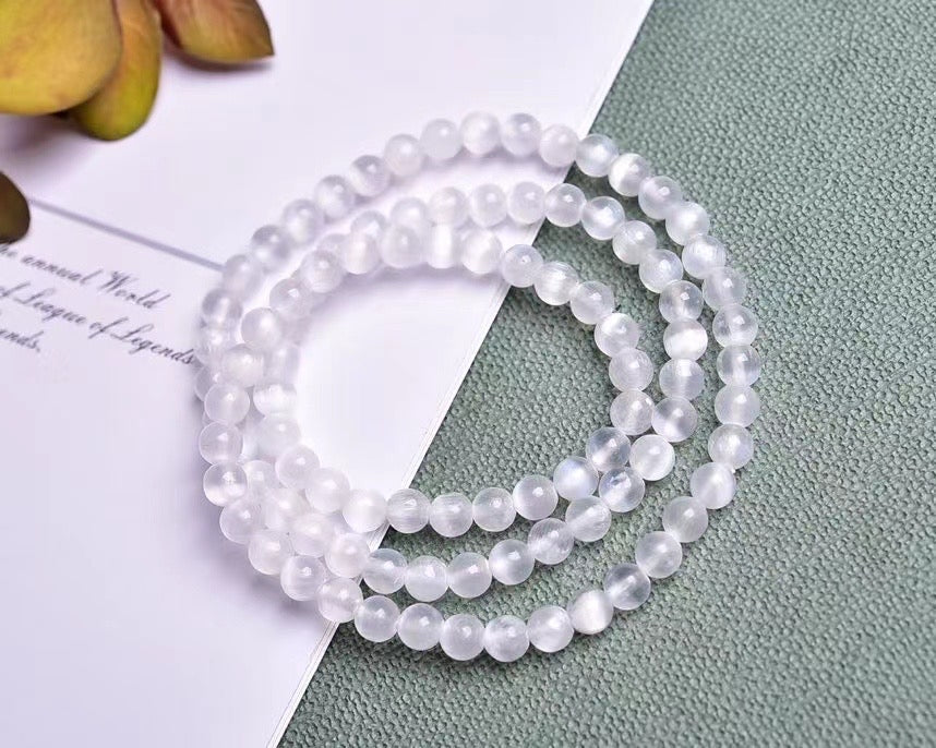 6mm Cat's Eye selenite Ball 3 Loop Bracelets