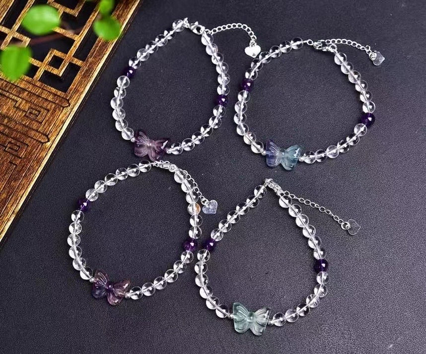 Clear quartz and fluorite butterfly bracelets