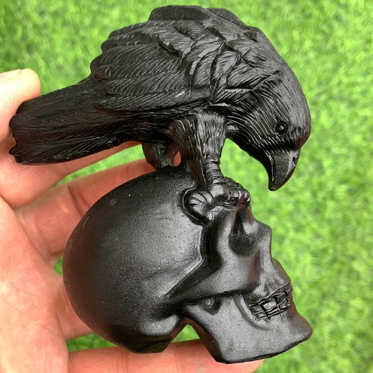 Crow and skull carvings